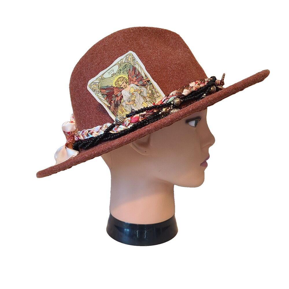 Pengcheng Boho Burned Wool Felt Fedora Wide Brim Hat Rust Orange Tarot Beaded